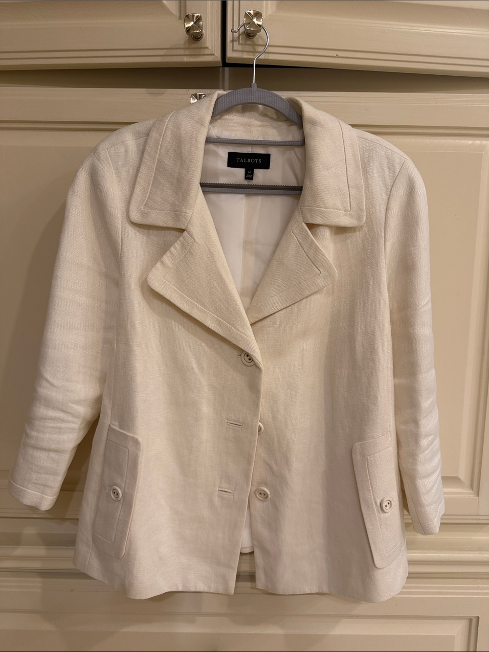 Talbots Linen Jacket Women's Size 14 Cream Jackie Fit 3-Button Lined Pockets